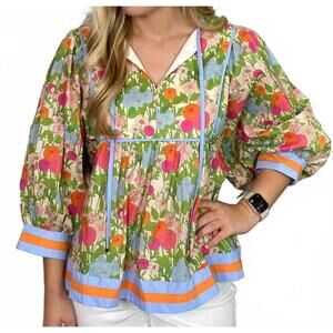 NEW ENTRO three quarter split neck blouse in marigold floral